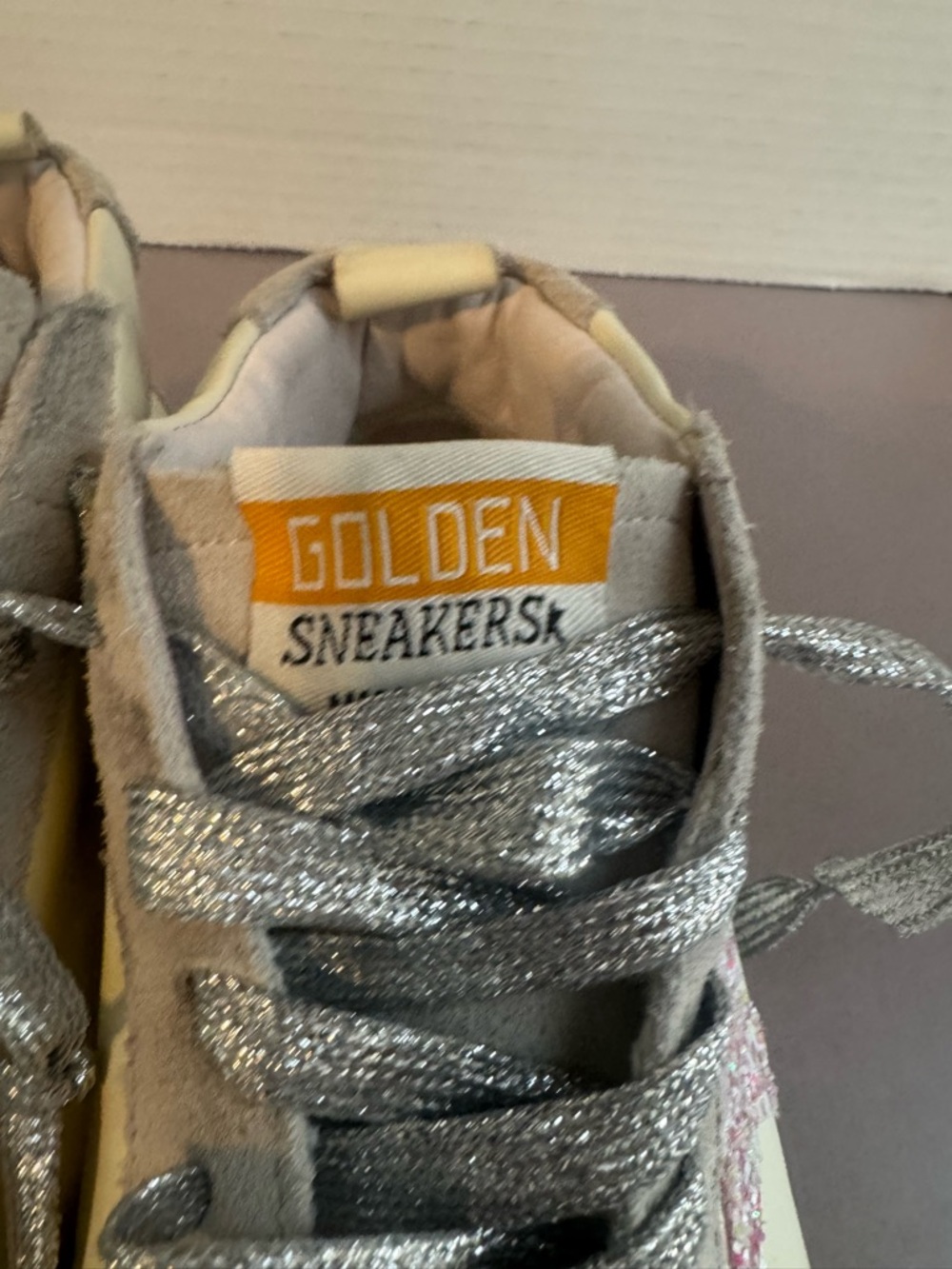 Golden Goose Mid Star Low-Top Sneakers in Grey, Silver & Pink Glitter - Picture 6 of 15